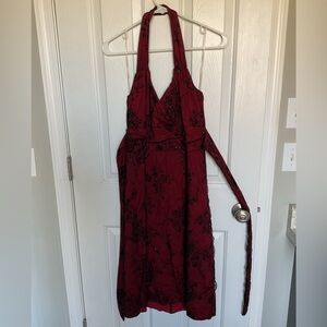 Studio 1940 Burgundy Halter Embroidered Evening Dress